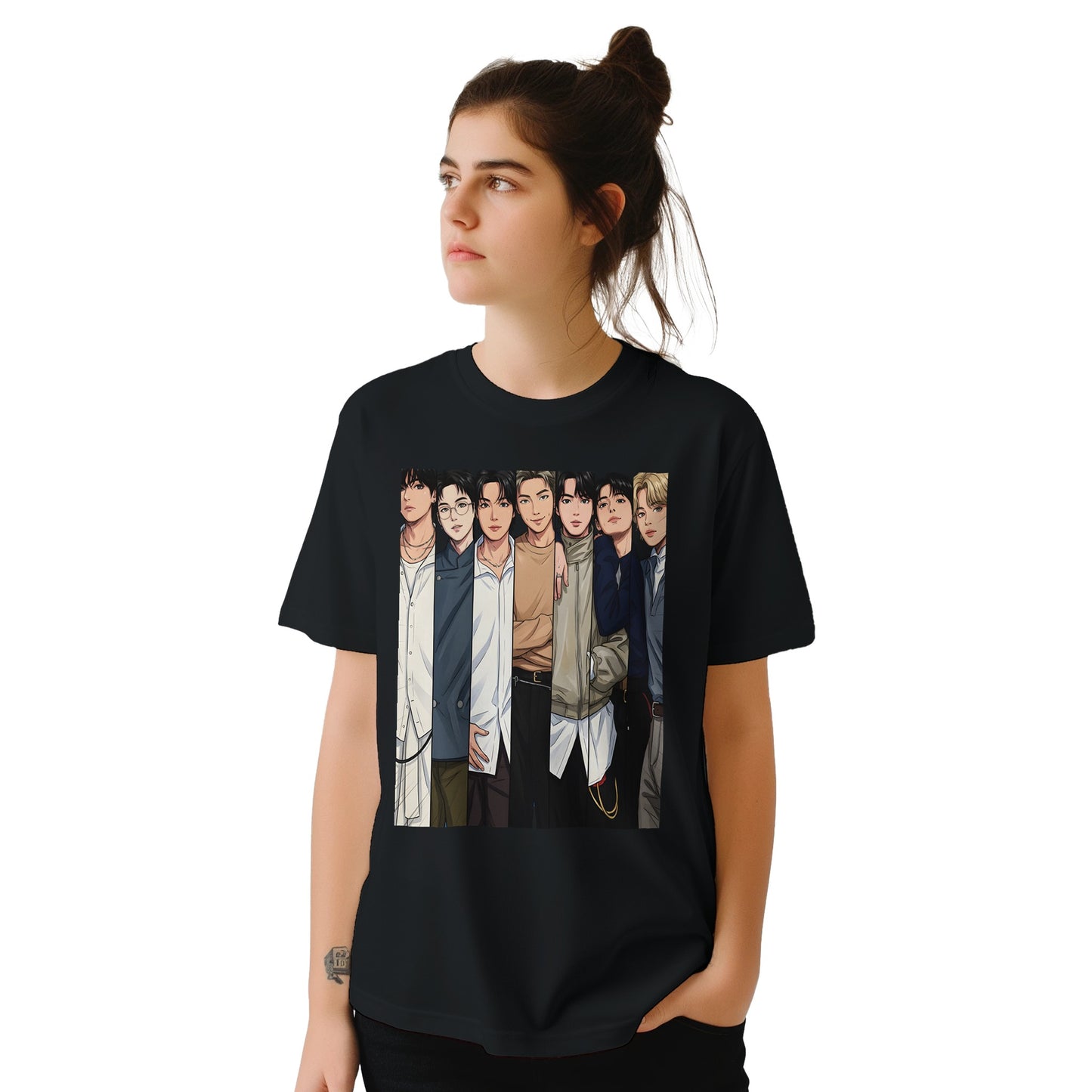 Graphic T‑shirt showing seven stylised characters