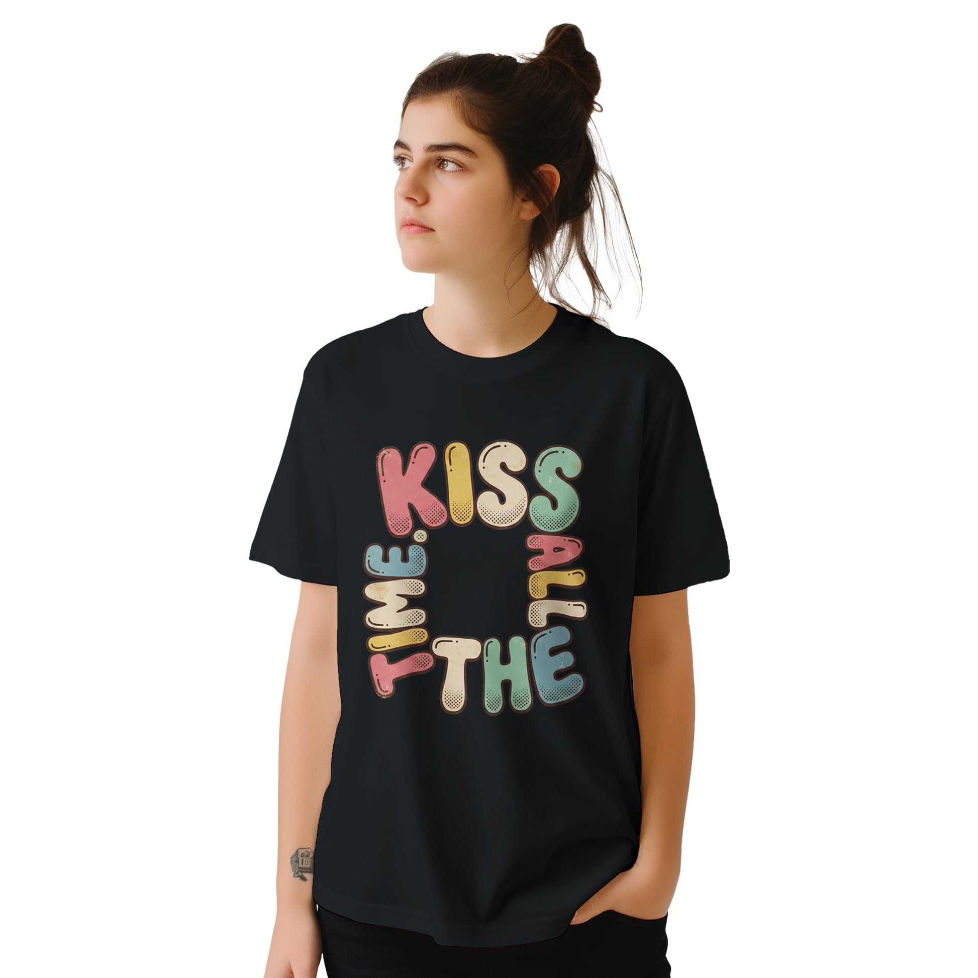 Black unisex tee with bubble lettering