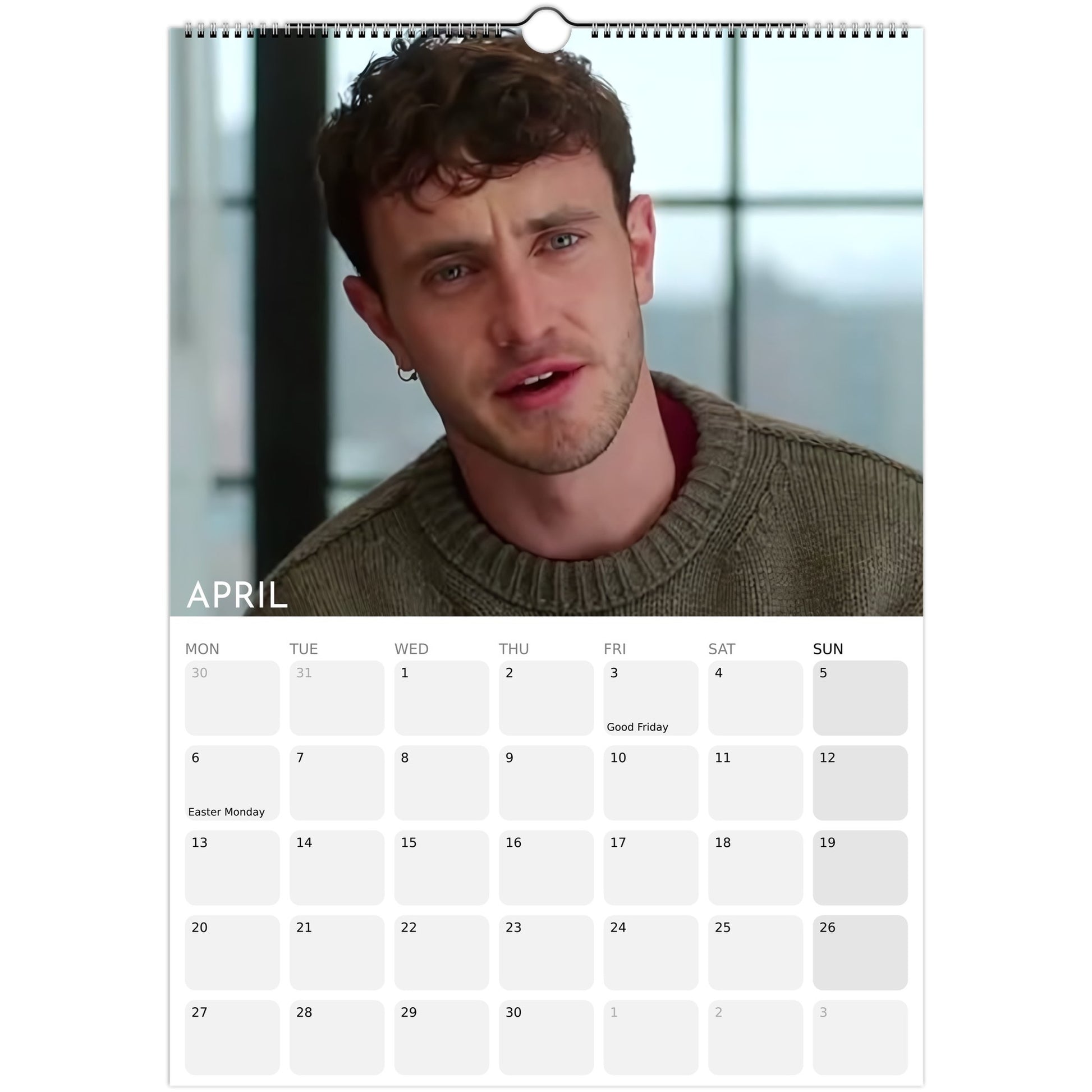 Paul Mescal 2026 A3 wall calendar April