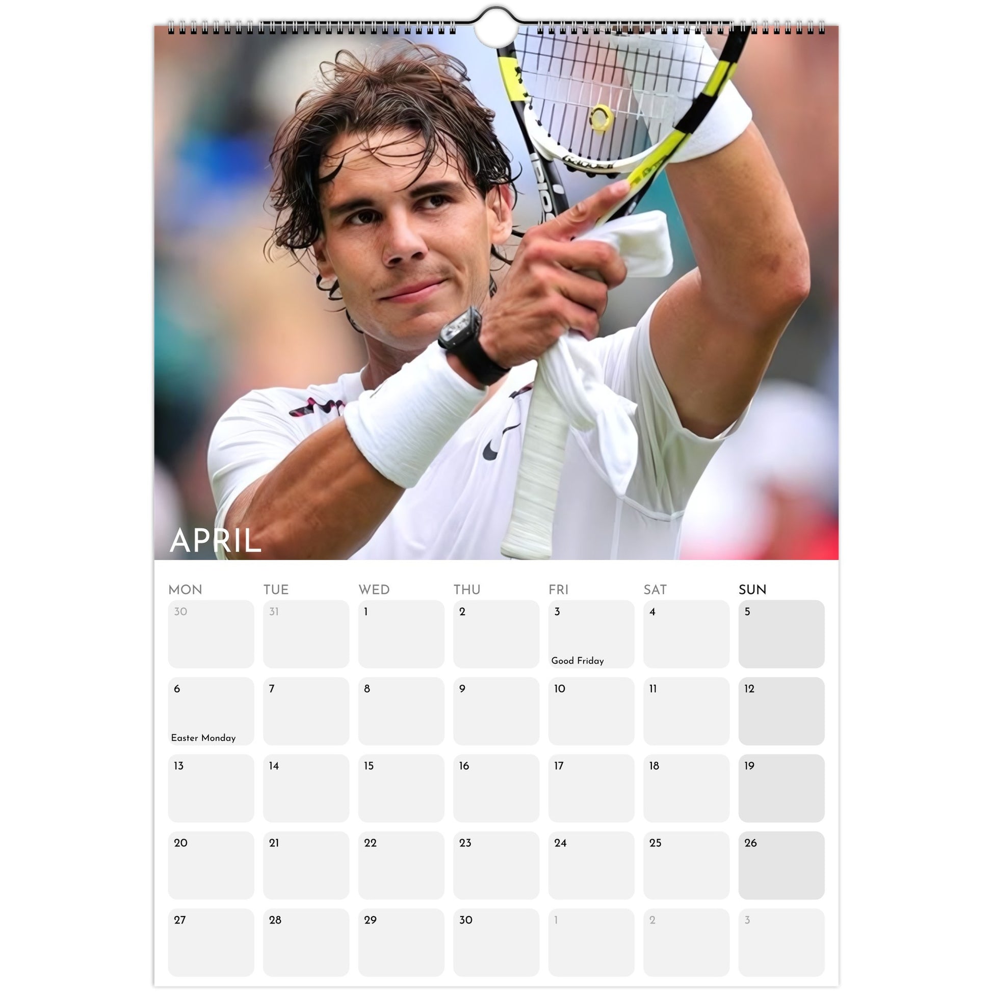 Rafael Nadal 2026 A3 wall calendar April