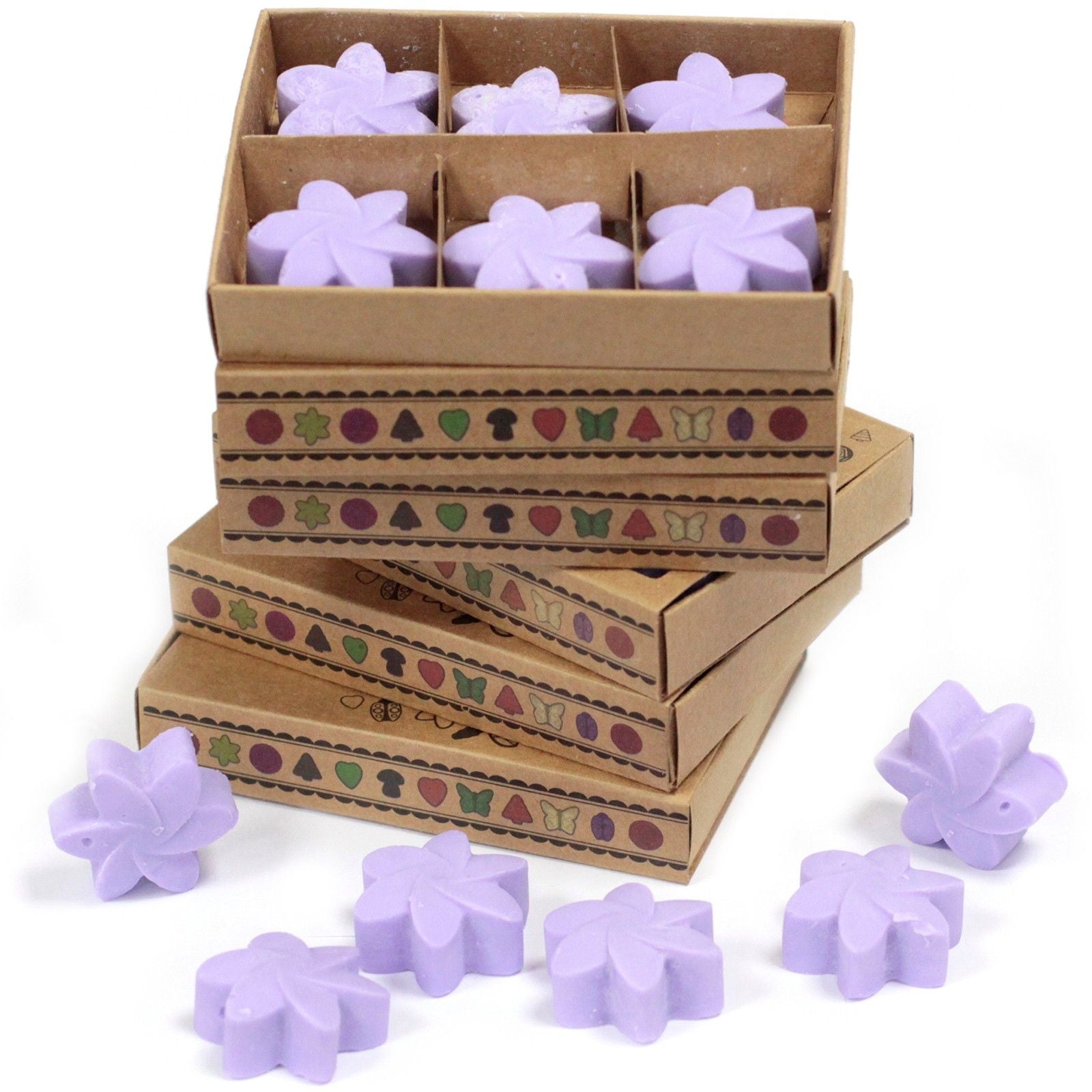 Purple flower-shaped wax melts in a cardboard box with decorative patterns on a white background