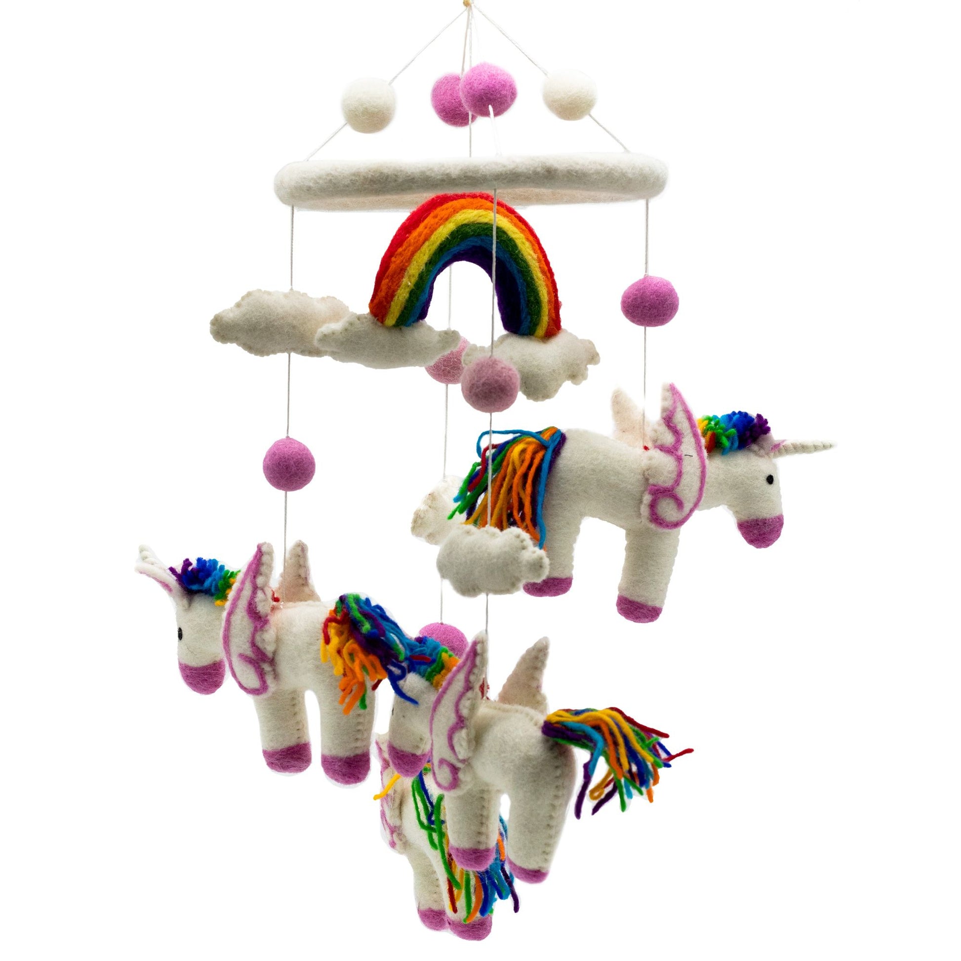 Unicorn and rainbow mobile toy on a white background