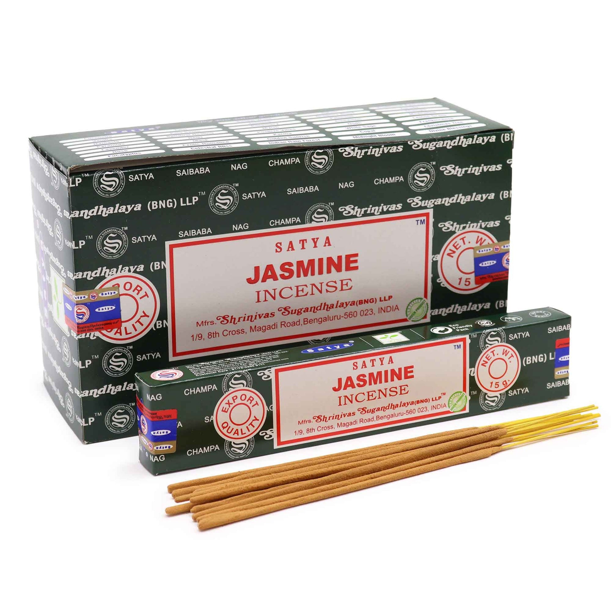 Box of Satya Jasmine Incense with incense sticks on a white background