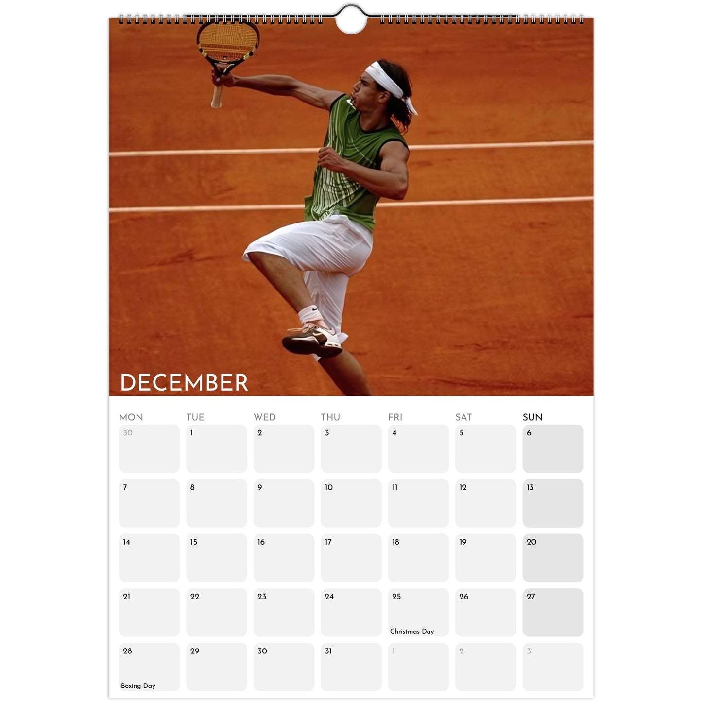 Rafael Nadal 2026 A3 wall calendar December