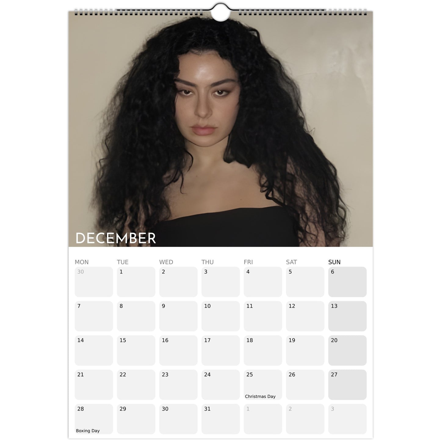 Charli XCX 2026 A3 wall calendar December