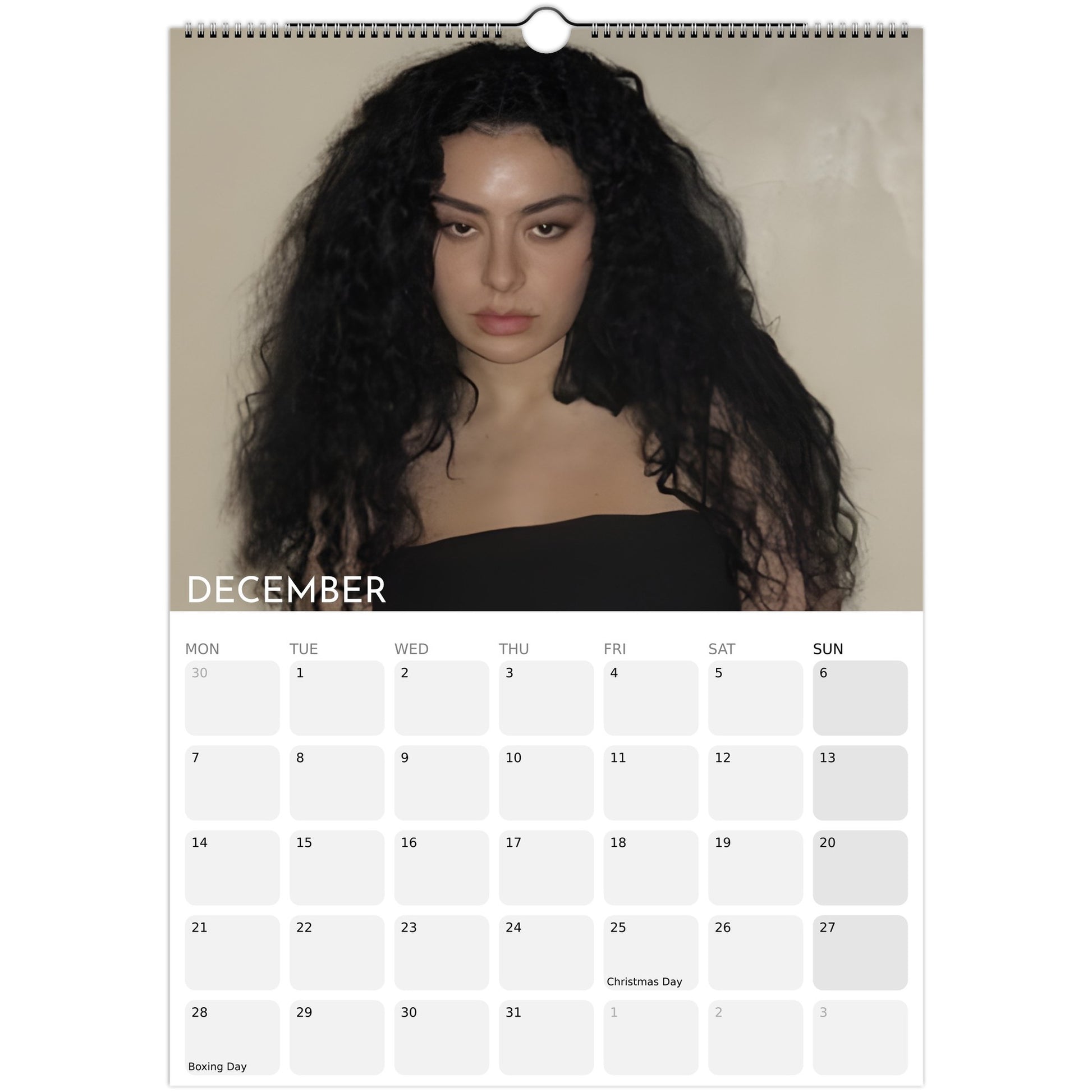 Charli XCX 2026 A3 wall calendar December