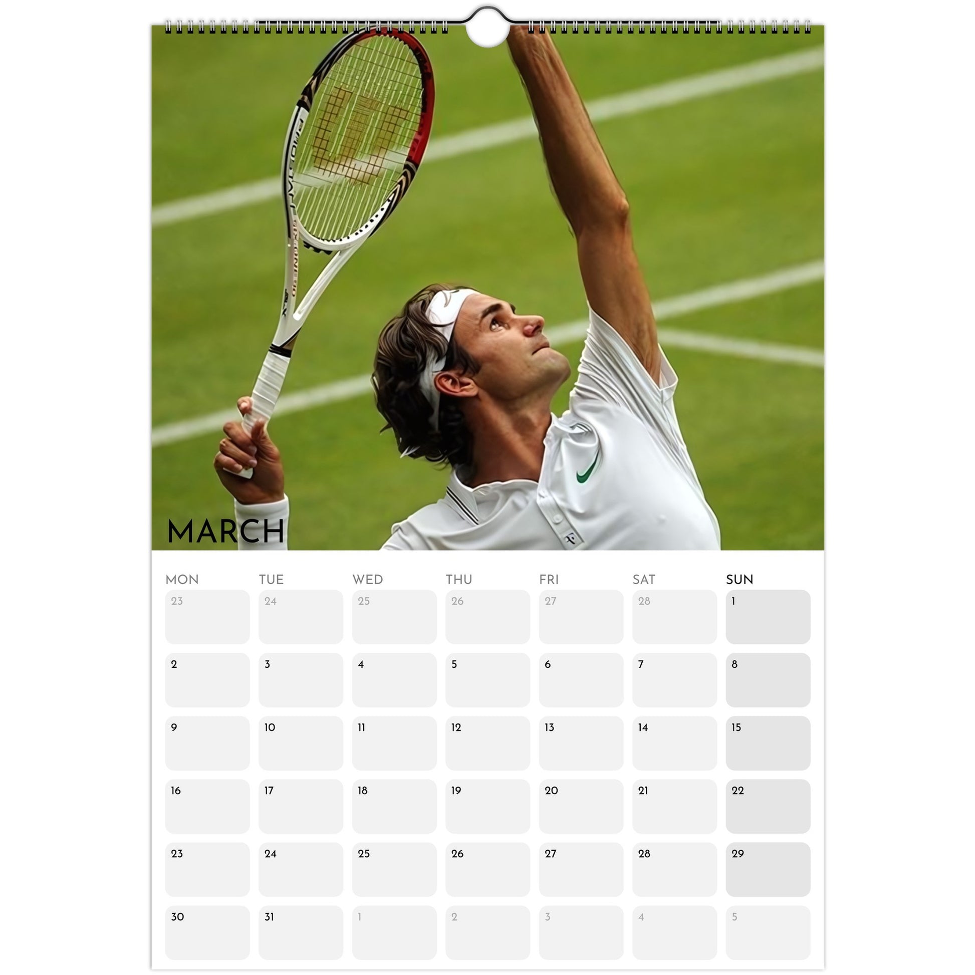 Roger Federer 2026 A3 wall calendar March