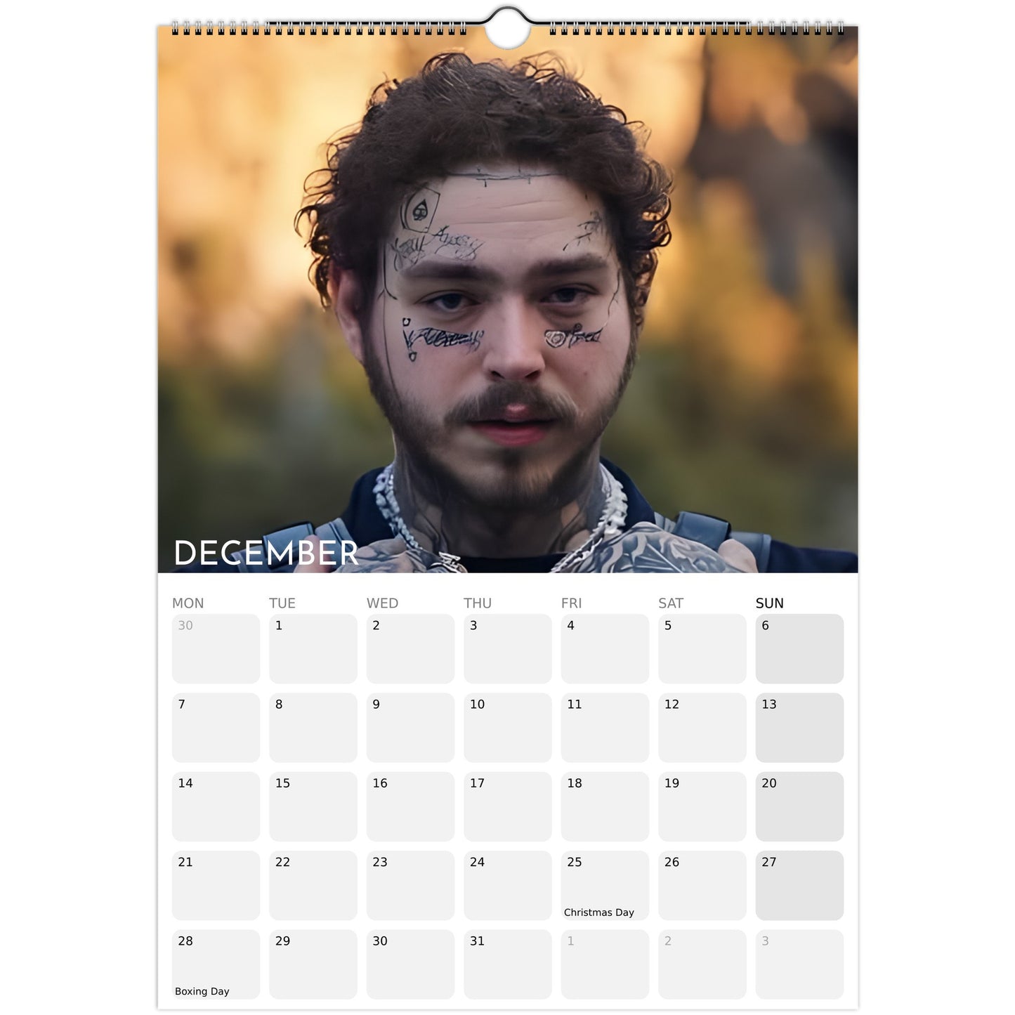 Post Malone 2026 A3 wall calendar December