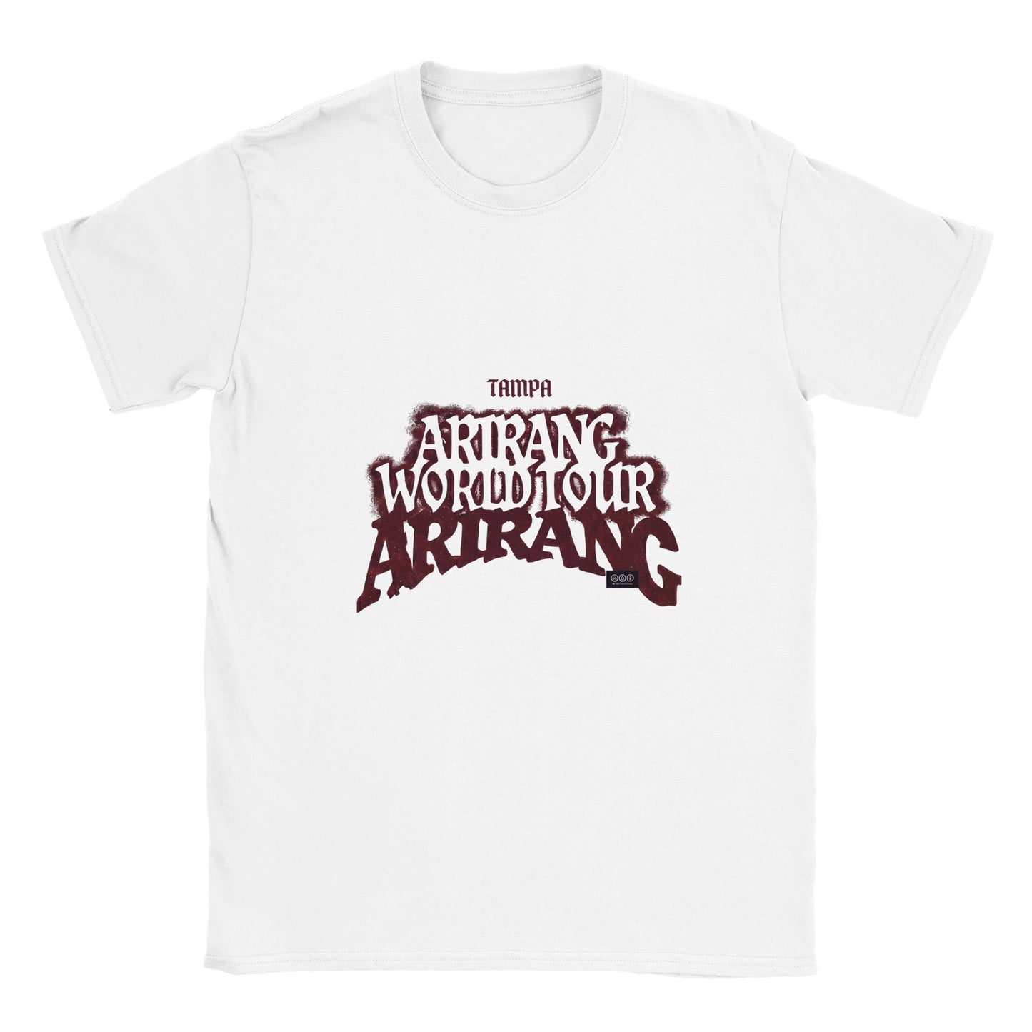 Front view of BTS ARIRANG 2026 Tampa Tour T‑Shirt with ARIRANG WORLD TOUR graphic