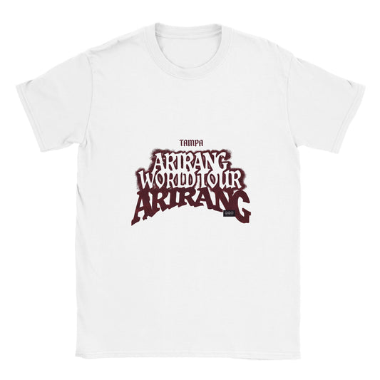 Front view of BTS ARIRANG 2026 Tampa Tour T‑Shirt with ARIRANG WORLD TOUR graphic